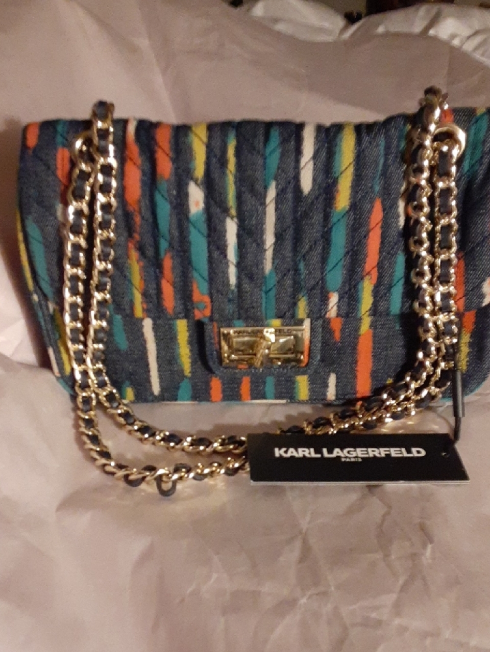 NWT Karl Lagerfeld Agyness Denim Multi Color  Chain Shoulder Bag